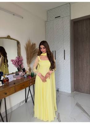 Yellow embroidery faux georgette full stitched anarkali suit 1