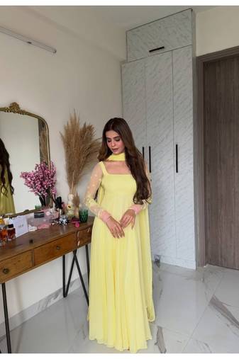 Yellow embroidery faux georgette full stitched anarkali suit