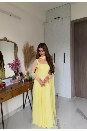Yellow embroidery faux georgette full stitched anarkali suit