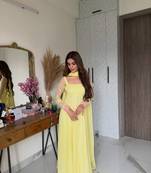 Yellow embroidery faux georgette full stitched anarkali suit