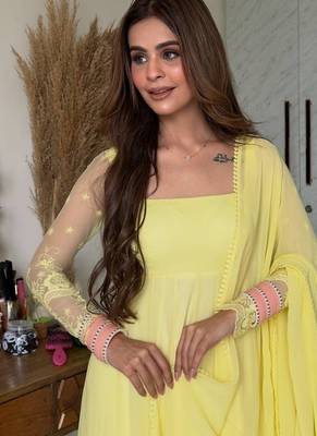 Yellow embroidery faux georgette full stitched anarkali suit 2