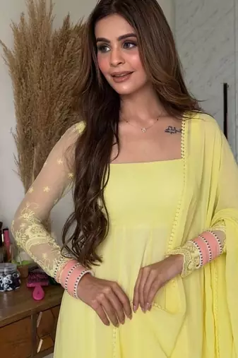 Yellow embroidery faux georgette full stitched anarkali suit