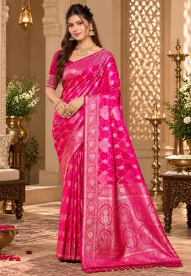 sangam prints rani pink satin woven work traditional saree 1