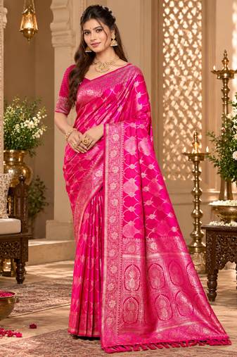 sangam prints rani pink satin woven work traditional saree