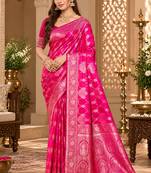 sangam prints rani pink satin woven work traditional saree