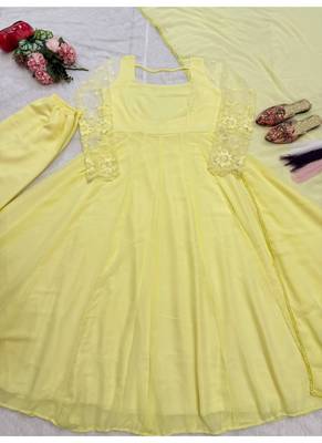 Yellow embroidery faux georgette full stitched anarkali suit 4