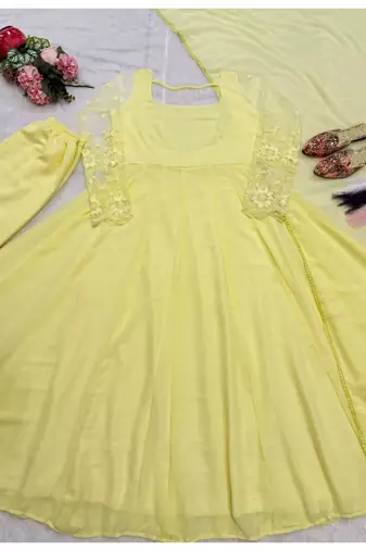 Yellow embroidery faux georgette full stitched anarkali suit