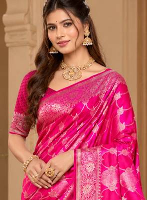 sangam prints rani pink satin woven work traditional saree 2