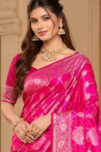 sangam prints rani pink satin woven work traditional saree