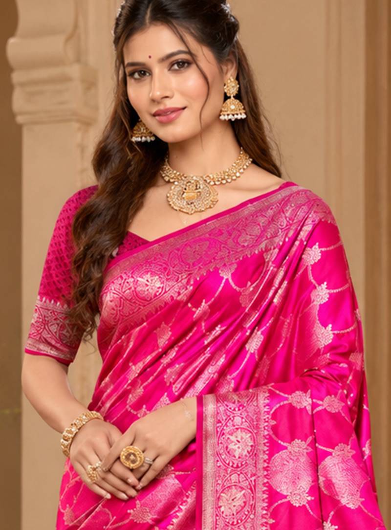 sangam prints rani pink satin woven work traditional saree