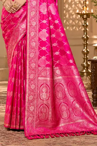 sangam prints rani pink satin woven work traditional saree