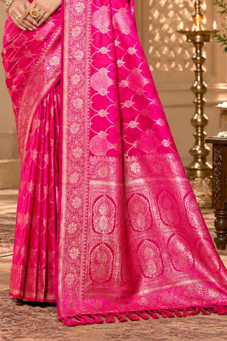 sangam prints rani pink satin woven work traditional saree