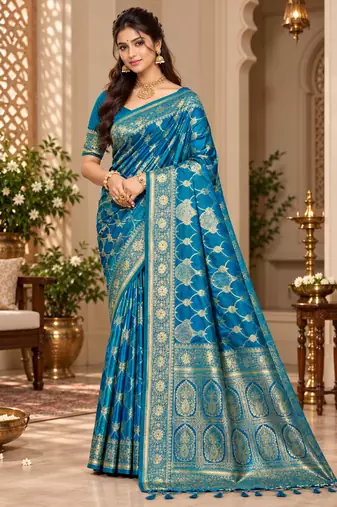 sangam prints peacock blue satin woven work traditional saree