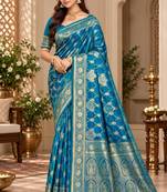 sangam prints peacock blue satin woven work traditional saree