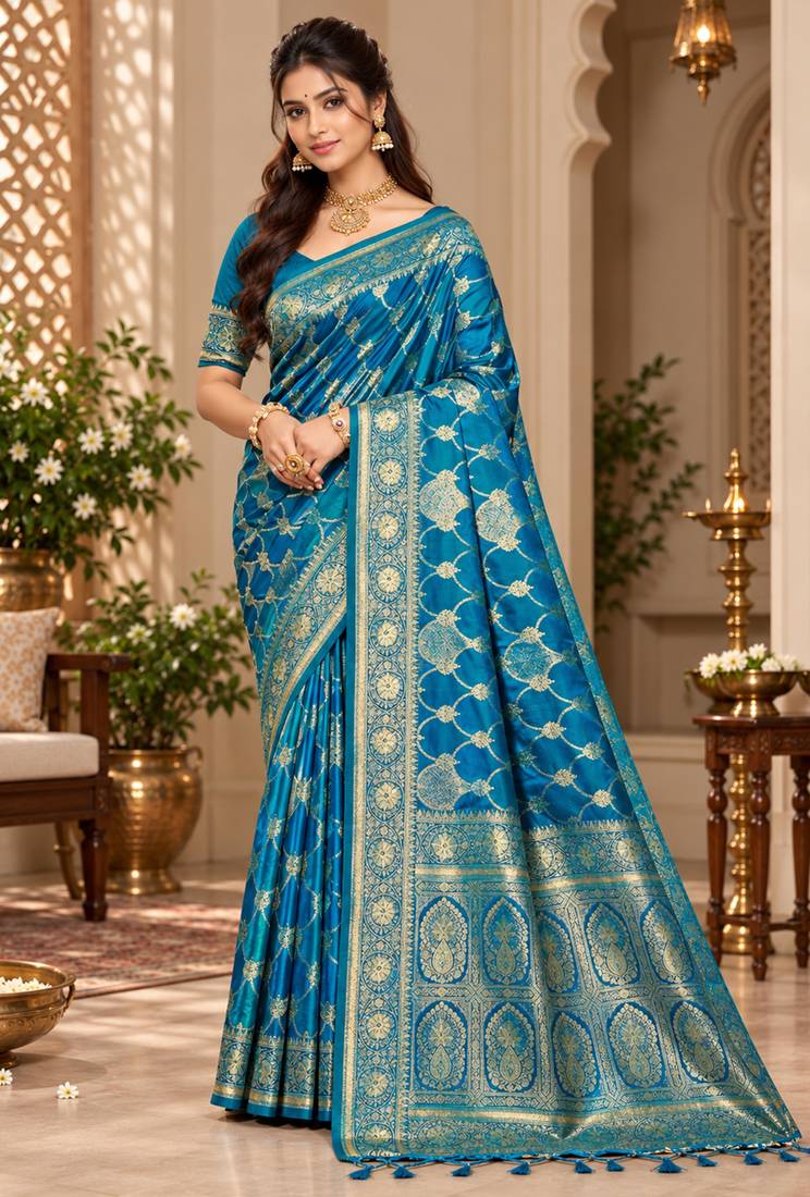 sangam prints peacock blue satin woven work traditional saree