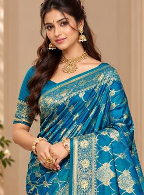 sangam prints peacock blue satin woven work traditional saree 2