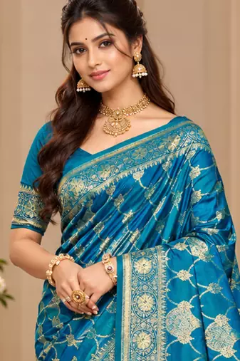 sangam prints peacock blue satin woven work traditional saree