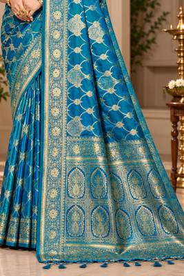 sangam prints peacock blue satin woven work traditional saree 3
