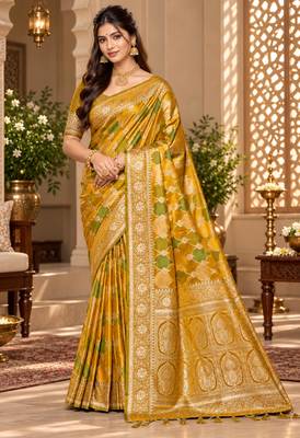sangam prints mustard yellow satin woven work traditional saree 1