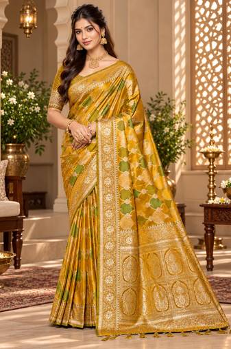 sangam prints mustard yellow satin woven work traditional saree