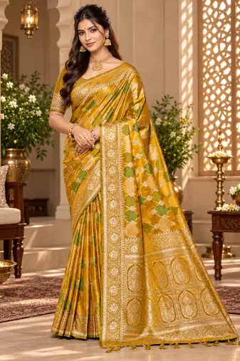 sangam prints mustard yellow satin woven work traditional saree