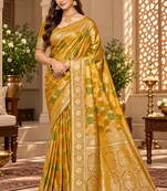 sangam prints mustard yellow satin woven work traditional saree