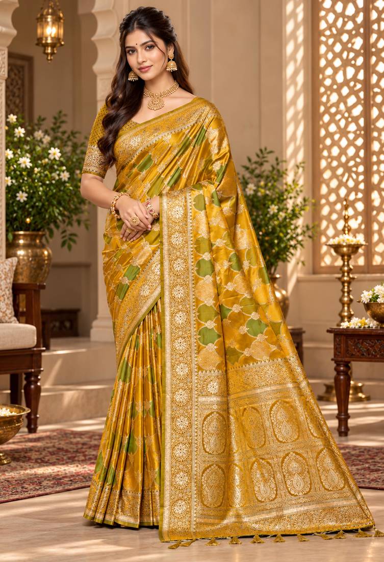 sangam prints mustard yellow satin woven work traditional saree