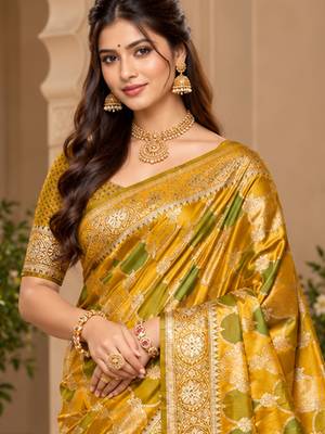 sangam prints mustard yellow satin woven work traditional saree 2