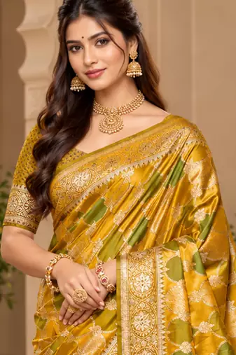 sangam prints mustard yellow satin woven work traditional saree
