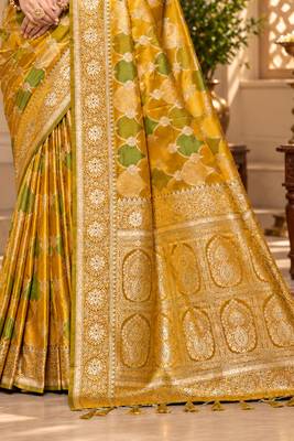 sangam prints mustard yellow satin woven work traditional saree 3