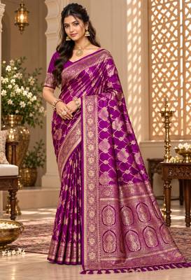 sangam prints deep magenta satin woven work traditional saree 1