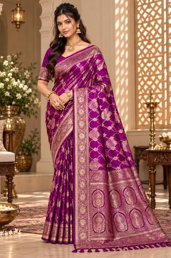 sangam prints deep magenta satin woven work traditional saree