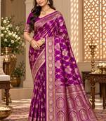 sangam prints deep magenta satin woven work traditional saree