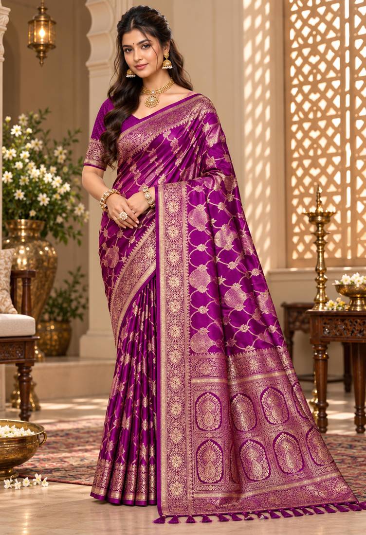 sangam prints deep magenta satin woven work traditional saree