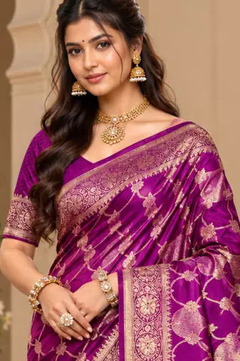 sangam prints deep magenta satin woven work traditional saree