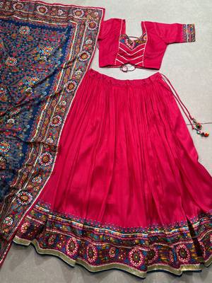 women's tasar silk gamthi printed navratri chaniya choli set with gotta patti work - free size 5