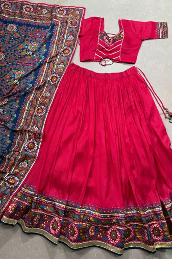 women's tasar silk gamthi printed navratri chaniya choli set with gotta patti work - free size