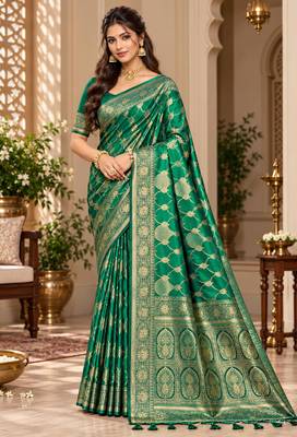 sangam prints emerald green satin woven work traditional saree 1