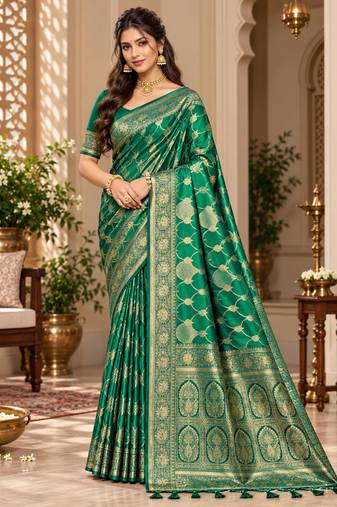 sangam prints emerald green satin woven work traditional saree