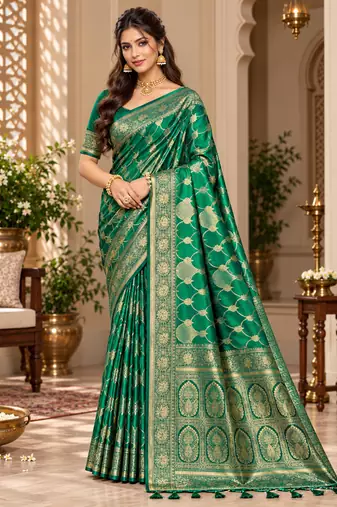 sangam prints emerald green satin woven work traditional saree