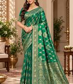 sangam prints emerald green satin woven work traditional saree