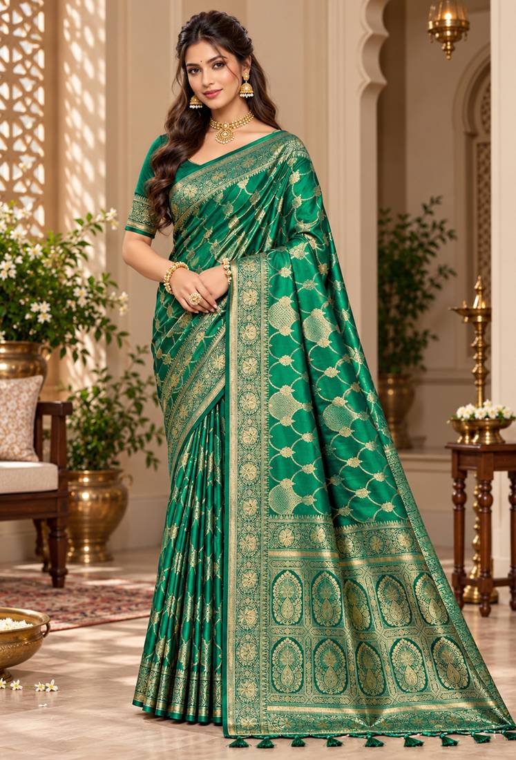 sangam prints emerald green satin woven work traditional saree