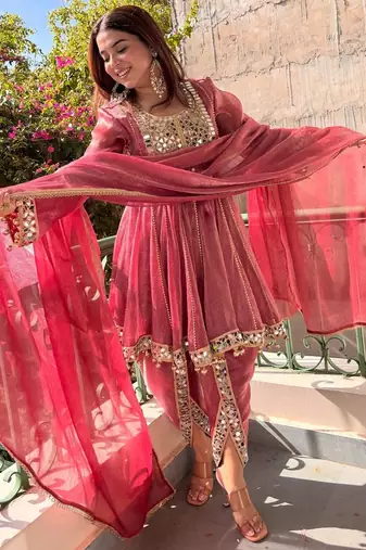 women's shimmer silk mirror embroidered salwar suit with dupatta set