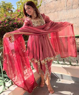 women's shimmer silk mirror embroidered salwar suit with dupatta set 2