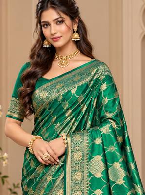 sangam prints emerald green satin woven work traditional saree 2