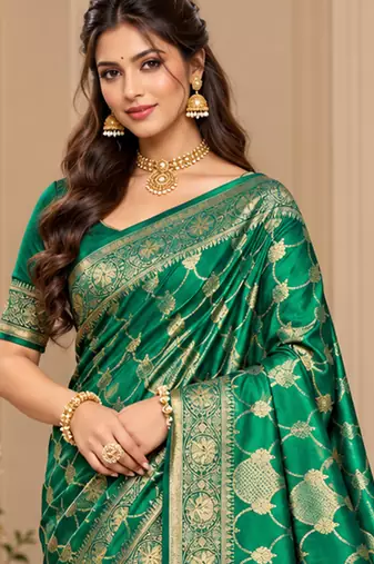 sangam prints emerald green satin woven work traditional saree