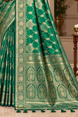 sangam prints emerald green satin woven work traditional saree 3