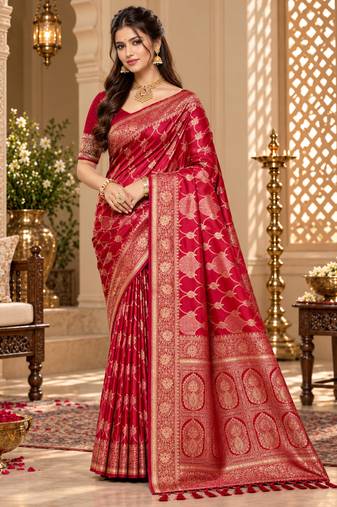 sangam prints crimson satin woven work traditional saree