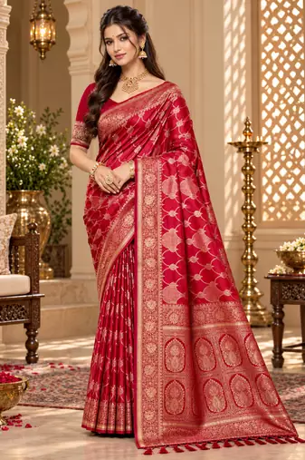 sangam prints crimson satin woven work traditional saree