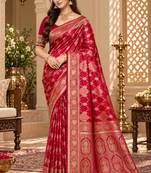 sangam prints crimson satin woven work traditional saree